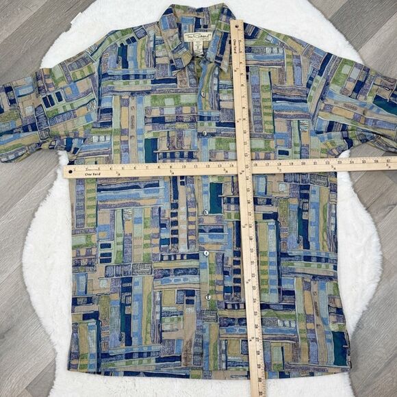 Tori Richard Geometric Print Button Up Camp Hawaiian Shirt Blue Green Tan Medium - Picture 10 of 11
